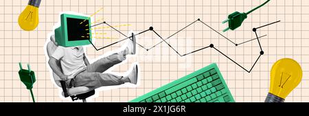 Composite Panorama Collage von Mann sitzen Stuhl statt Kopf Computer Monitor Diagramm Glühbirne Stecker Tastatur isoliert auf lackiertem Hintergrund Stockfoto