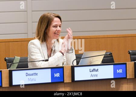 Brüssel, Belgien April 2024. Anne Laffut wird auf einer der letzten Plenartagungen vor den Wahlen im Juni 2024, der Föderation Wallonien-Brüssel-parlament (Föderation Wallonie-Bruxelles - Federatie Wallonie-Brussel), am Mittwoch, den 17. April 2024, in Brüssel dargestellt. BELGA PHOTO JONAS ROOSENS Credit: Belga News Agency/Alamy Live News Stockfoto