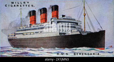 R.M.S. Berengaria, das größte Schiff der Cunard Line, ein Passagierschiff, das eine Vielzahl von Aktivitäten an Bord hatte. Eine von fünfzig Zigarettenkarten, die 1924 unter dem Titel Merchant Ships of the World hergestellt wurden. Produziert von W.D. und H.O. Wills aus Bristol und London, ein Teil der Imperial Tobacco Company of Great Britain and Ireland Limited. Stockfoto