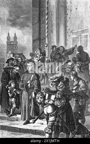 Martin Luther nagelt seine 95 Thesen über die Schlosskirche Wittenberge, 31. Oktober 1517, historische Illustration 1880 Stockfoto