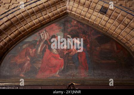 Altes Wandgemälde, das die Krippe Jesu in der Heiligen Erlöserkathedrale (Vank-Kathedrale) aus dem 17. Jahrhundert darstellt. Isfahan, Iran. Stockfoto