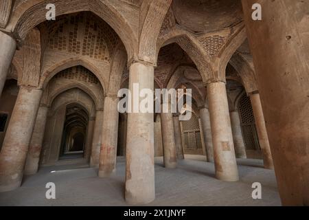 Innenansicht der hypostilvollen Halle mit vielen Säulen, die das Dach aus Ziegelgewölben in der Jameh-Moschee von Isfahan, Iran stützen. Stockfoto