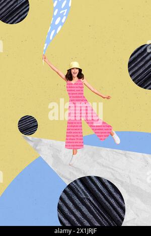 Composite Trendbild 3D-Foto-Collage der Silhouette Junge attraktive Dame tragen Text Kleidung sehen flirty Geometrie Elemente Kugeln herum Stockfoto