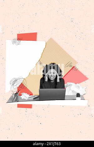Vertikale Fotocollage von verärgert depressiven amerikanischen Mädchen runzen Kopfschmerzen Sit macbook zerknitterte Papierfrist isoliert auf gemaltem Hintergrund Stockfoto