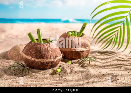 Frische und leckere Pinacolada in Kokosnuss auf einer tropischen Insel. Getränke werden an einem exotischen Strand serviert. Stockfoto