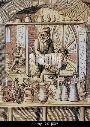 Blechhandwerker. Reproduktion eines Stiches aus dem 16. Jahrhundert von Jost Amman. Spätere Färbung. "Moeurs, usages et Kostüumes au moyen-âge et à l'époque de la Renaissance" von Paul Lacroix. Paris, 1878. Stockfoto