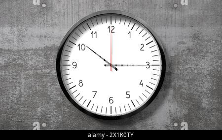 Zeit um Viertel nach 10 Uhr – klassische analoge Uhr auf rauer Betonwand – 3D-Illustration Stockfoto