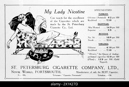 Werbung für die St. Petersburg Cigarette Company Ltd., Novik Works, Portsmouth. Mit Tarifen für türkische, ägyptische, russische und Virginia Zigaretten. Illustriert mit einer Zeichnung einer Dame in einer chez-Lounge, die eine Zigarette raucht und eine Zeitung liest. Mylady Nikotin. Ursprünglich gedruckt und veröffentlicht für die Portsmouth and Southsea Improvement Association, 1924. Stockfoto