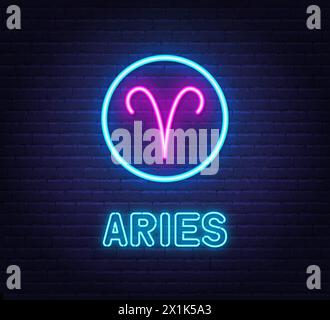 Neon Aries Schild auf Backsteinwand Hintergrund. Stock Vektor