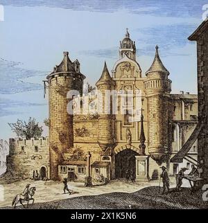 Paris, Frankreich. Grand Châtelet. Festung, erbaut von König Ludwig VI. (1081–1137) am rechten Ufer der seine. Es wurde nach den normannischen Einfällen in Stein wiederaufgebaut. Nachdem die Festung verworfen wurde, wurde sie zum Hauptquartier des Pariser Provosten, in dem Gefängnisse und Folterkammern untergebracht waren. Sie wurde 1808 auf Befehl Napoleons abgerissen. Hauptfassade. Faksimile nach einem Stich von Matthäus Merian in Topographia Galliae von Martin Zeiler. Veröffentlicht In Frankfurt, 1655. Spätere Färbung. "Moeurs, usages et Kostüumes au moyen-âge et à l'époque de la Renaissance" von Paul Lacroix. Paris, 1878. Stockfoto