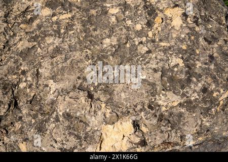 Textur von grossem, rauem Kalkstein, auf dem Steinsplitter liegen, und Stellen, an denen der Stein gebrochen wurde. Stockfoto