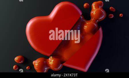 3D-Darstellung eines roten Herzens mit einem zerrissenen Riss oder Schnitt in der Mitte. Blut tropft aus der Wunde Stockfoto