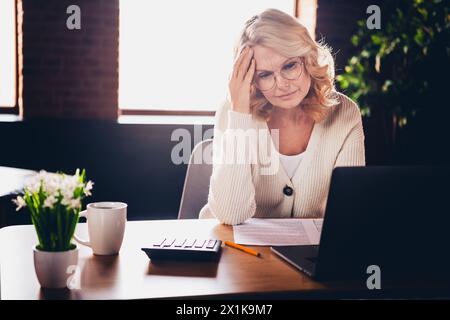 Porträt der alten Dame fokussiert aufmerksamer Blick Laptop Webinar tragen weiße Strickjacke Loft Innenraum Büro Haus drinnen Stockfoto