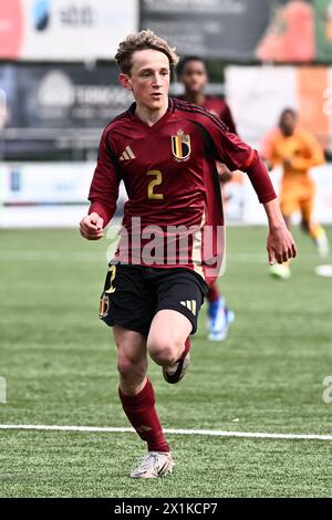 Bilzen, Belgien. April 2024. Matisse Willemot aus Belgien, Bild bei einem Freundschaftsspiel zwischen den belgischen U17-Futures-Nationalmannschaften und den Niederlanden am Mittwoch, den 17. April 2024, in Bilzen, Belgien. Quelle: Sportpix/Alamy Live News Stockfoto