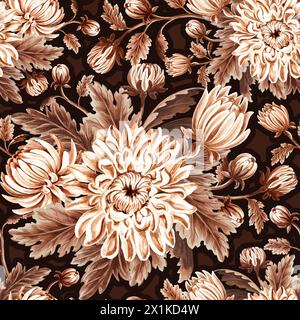 Nahtloses Muster monochrom aus Chrysantheme mit Blättern auf dunklem Hintergrund. Handgezeichnete Aquarellillustration braune Farbe. Gartenblumen. Templat Stockfoto