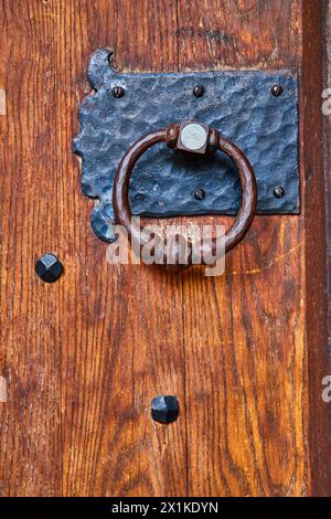 Antiker Türklopfer an strukturierter Holztür - Nahaufnahme Stockfoto