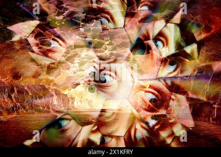 Abstrakte Augen und zerrissene Erde Textur - konzeptuelles Kunstwerk Stockfoto