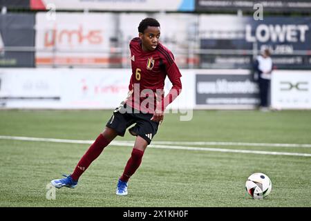 Bilzen, Belgien. April 2024. William Neba Denzel aus Belgien, dargestellt während eines Freundschaftsspiels zwischen den belgischen U17-Futures-Nationalmannschaften und den Niederlanden am Mittwoch, den 17. April 2024, in Bilzen, Belgien. Quelle: Sportpix/Alamy Live News Stockfoto