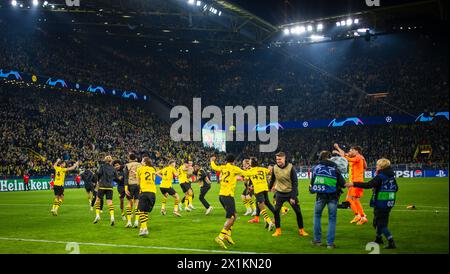 Dortmund Deutschland. April 2024. Dortmunder Schlussjubel Borussia Dortmund - Atletico Madrid 16.04.2024 Copyright (nur für journalistische Zwecke) Stockfoto