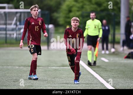 Bilzen, Belgien. April 2024. Louka Vanderbruggen aus Belgien, dargestellt während eines Freundschaftsspiels zwischen den belgischen U17-Futures-Nationalmannschaften und den Niederlanden am Mittwoch, den 17. April 2024, in Bilzen, Belgien. Quelle: Sportpix/Alamy Live News Stockfoto
