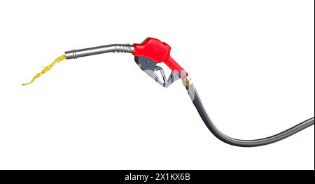3D-Abbildung einer roten Gaspumpendüse mit austretendem Kraftstoff, isoliert auf weiß Stockfoto