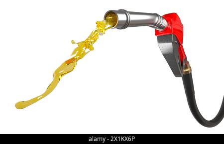 Gaspumpendüse mit fließender goldener Flüssigkeit stellt einen hohen Kraftstoffwert dar. 3D-Rendering Stockfoto