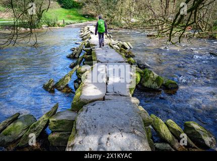 Walker mit Rucksack überquert Tarr eine Brücke über den Fluss Barle am Exmoor in Somerset UK Stockfoto