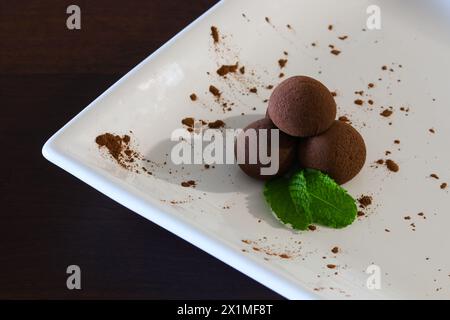 Traditionelle Brasilianische Schokoladen-Cacao-Brigadeiro-Kugeln Mit Minze Stockfoto