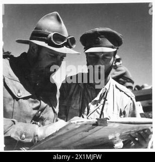 Der Befehlshaber und der zweite Befehlshaber untersuchen die Position während der Operationen der britischen Armee in Nordafrika und im Nahen Osten, 1940–1947. Stockfoto
