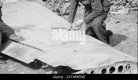 ROYAL AIR FORCE 1939-1945: JAGDKOMMANDO - Fliegender Offizier John C O Allan (rechts) und Flight Sergeant W Patterson, eine No 96 Squadron Mosquito Crew, die in West Malling stationiert ist, untersuchen die Wracks der Ju 88, die sie in der Nacht vom 18-19. April 1944 in der Nähe von Cranbrook in Kent abschossen. Die Junkers waren einer von acht feindlichen Bombern, die während der letzten Operation Steinbock in London, Allen, J, Patterson, W, Royal Air Force, 96 Squadron Stockfoto