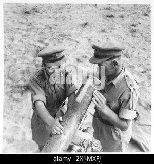 MIT DER ACHTEN ARMEE (VERSCHIEDENE) - Offiziere untersuchen Blasen auf der Mündung des 25-Pfünders nach dem Mareth-Stauwerk, britische Armee Stockfoto