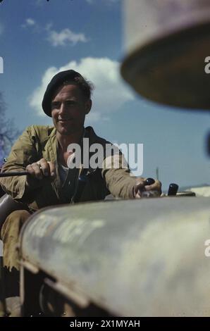 Lance Sergeant E.R. Whiting von den Royal Engineers betreibt einen Traktor im Hauptquartier der 8. Armee in San Angelo, Italien. Wittling, ein Elektroingenieur aus Bedford, diente in Nordafrika und Sizilien, bevor er Straßenbauarbeiten in Italien durchführte. Stockfoto