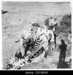 MIT DER ACHTEN ARMEE (VERSCHIEDENE), die Wartung einer 25-Pfünder-Kanone, die 642 Schüsse abfeuerte, während der Bombardierung der Mareth-Verteidigungsanlagen (in drei Stunden), British Army Stockfoto