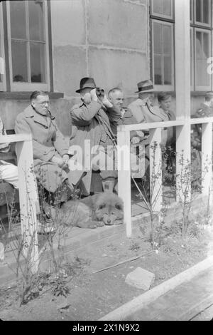 CRICKET-SPIEL: BERICHTERSTATTUNG ÜBER EIN SPIEL ZWISCHEN KENTON UND ALEXANDRA PARK, KENTON, MIDDLESEX, ENGLAND, GROSSBRITANNIEN, 1945: Zuschauer, darunter ein Hund, ein kleiner Junge und ein Mitglied der RAF, sitzen auf Bänken vor dem Pavillon bei Sonnenschein, um ein Cricket-Spiel zwischen Kenton und Alexandra Park am Kenton Ground, Harrow, Middlesex, zu beobachten. Ein Mann benutzt ein Fernglas, um den Fortschritt des Spiels genauer zu verfolgen. Stockfoto