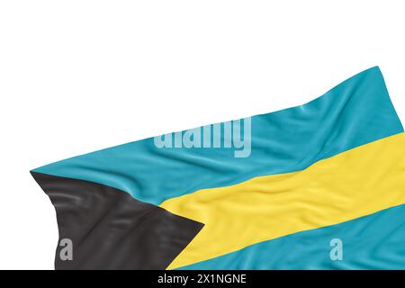 Realistische Flagge von Bahamas mit Falten, isoliert auf weißem Hintergrund. Fußzeile, Eckelement. Ausschnitt. Perfekt für patriotische oder nationale Themen Stockfoto