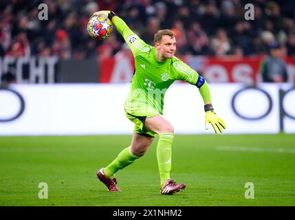 Bayern München Torhüter Manuel neuer im Viertelfinale der UEFA Champions League, zweites Legspiel in der Allianz Arena, München. Bilddatum: Mittwoch, 17. April 2024. Stockfoto