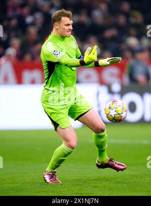 Bayern München Torhüter Manuel neuer im Viertelfinale der UEFA Champions League, zweites Legspiel in der Allianz Arena, München. Bilddatum: Mittwoch, 17. April 2024. Stockfoto