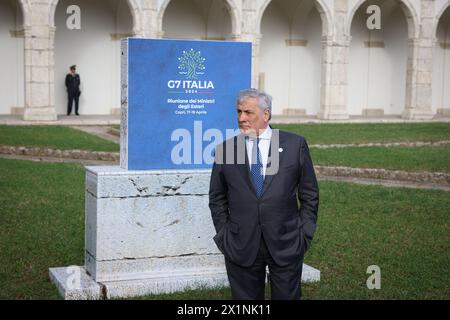 Capri, Italien. April 2024. Ministro Esteri Italia Antonio Tajani al G7 Italia 2024, Riunione dei Ministri degli Esterii, Capri, Italia, Mercoledi 17. April 2024, (Foto Alessandro Garofalo/LaPresse)italienischer Außenminister Antonio Tajani während der G7 Italien 2024, Treffen der Außenminister auf Capri, Italien, Mittwoch, April 2024. (Foto Alessandro Garofalo /LaPresse) Credit: LaPresse/Alamy Live News Stockfoto