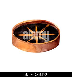 Antiker Bronze-Kompass mit einer Windrose, handbemalt in Vintage-Stil Aquarell Objekt isoliert auf weißem Hintergrund. Inneneinrichtung und Wandbilder Stockfoto