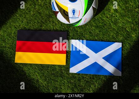 BERLIN, DEUTSCHLAND, 17. APRIL 2024: Deutschland gegen Schottland, Euro 2024 Gruppe A Fußballspiel in der Fußball Arena München, München, 14. Juni 2024, offizieller Ball o Stockfoto