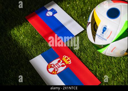 LEIPZIG, DEUTSCHLAND, 17. APRIL 2024: Slowenien gegen Serbien, Fußball der Gruppe C der Euro 2024 in der Münchener Fußballarena, München, 20. Juni 2024, offizieller Ball o Stockfoto