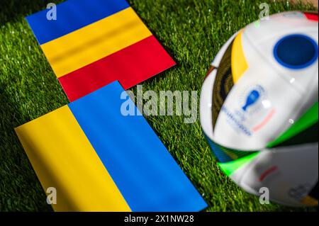 HAMBURG, DEUTSCHLAND, 17. APRIL 2024: Rumänien gegen die Ukraine, Fußball der Euro 2024 Gruppe E in der Münchener Fußballarena, München, 17. Juni 2024, offizieller Ball o Stockfoto
