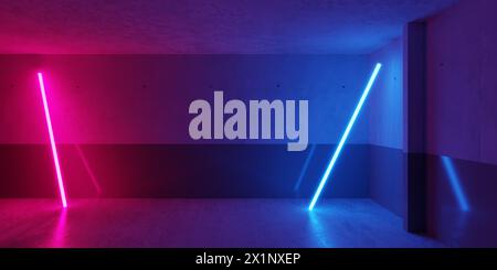 Blauer und rosafarbener Cyberpunk Neonröhre fluoreszierende Lichter abstrakter Hintergrund moderner Betonraum, 3D-Illustration Stockfoto