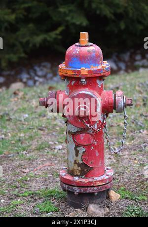 Der Wasserhydrant hat die Nummern 2006. Der Hydrant ist mehrfarbig und rostet. Farbe hat Risse und Abblätterungen. Stockfoto