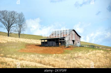 Alte Holzscheune mit rostigem Zinndach, sitzt allein auf einem Hügel in Virginia. Rote Farbe ist verblasst und verwittert bis grau. Stockfoto