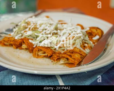 Traditionelle rote Enchiladas serviert in Puerto Vallarta Mexiko auf einem Teller auf dem Tisch. Stockfoto