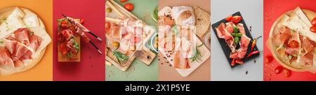 Set leckerer italienischer Prosciutto auf farbigem Hintergrund, Draufsicht Stockfoto