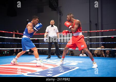 Pueblo, Colorado, USA. April 2024. Terry Washington aus den Vereinigten Staaten (Red) besiegt Rogen Ladon von den Philippinen in einem 51 kg schweren Vorkampf. Quelle: Casey B. Gibson/Alamy Live News Stockfoto