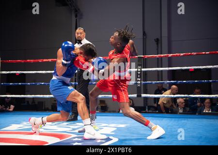 Pueblo, Colorado, USA. April 2024. Terry Washington aus den Vereinigten Staaten (Red) besiegt Rogen Ladon von den Philippinen in einem 51 kg schweren Vorkampf. Quelle: Casey B. Gibson/Alamy Live News Stockfoto