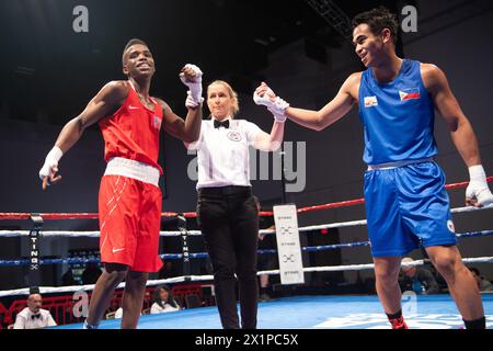 Pueblo, Colorado, USA. April 2024. Dedrick Crocklem aus den Vereinigten Staaten (Red) besiegt Criztian Laurante von den Philippinen in einem 63,5 kg schweren Vorkampf. Quelle: Casey B. Gibson/Alamy Live News Stockfoto